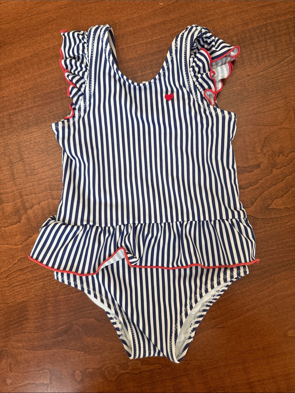 Carter’s Girls Navy Striped Ruffle One-Piece Swimsuit with Pink Trim 18m